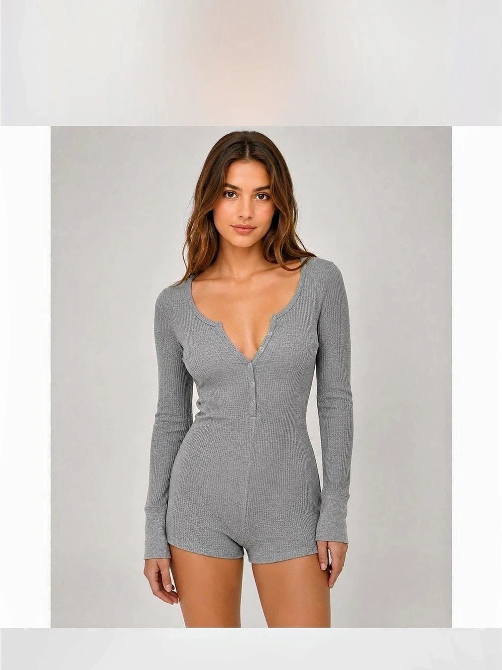 Out From Under Waffle Knit Gray Long Sleeve Romper